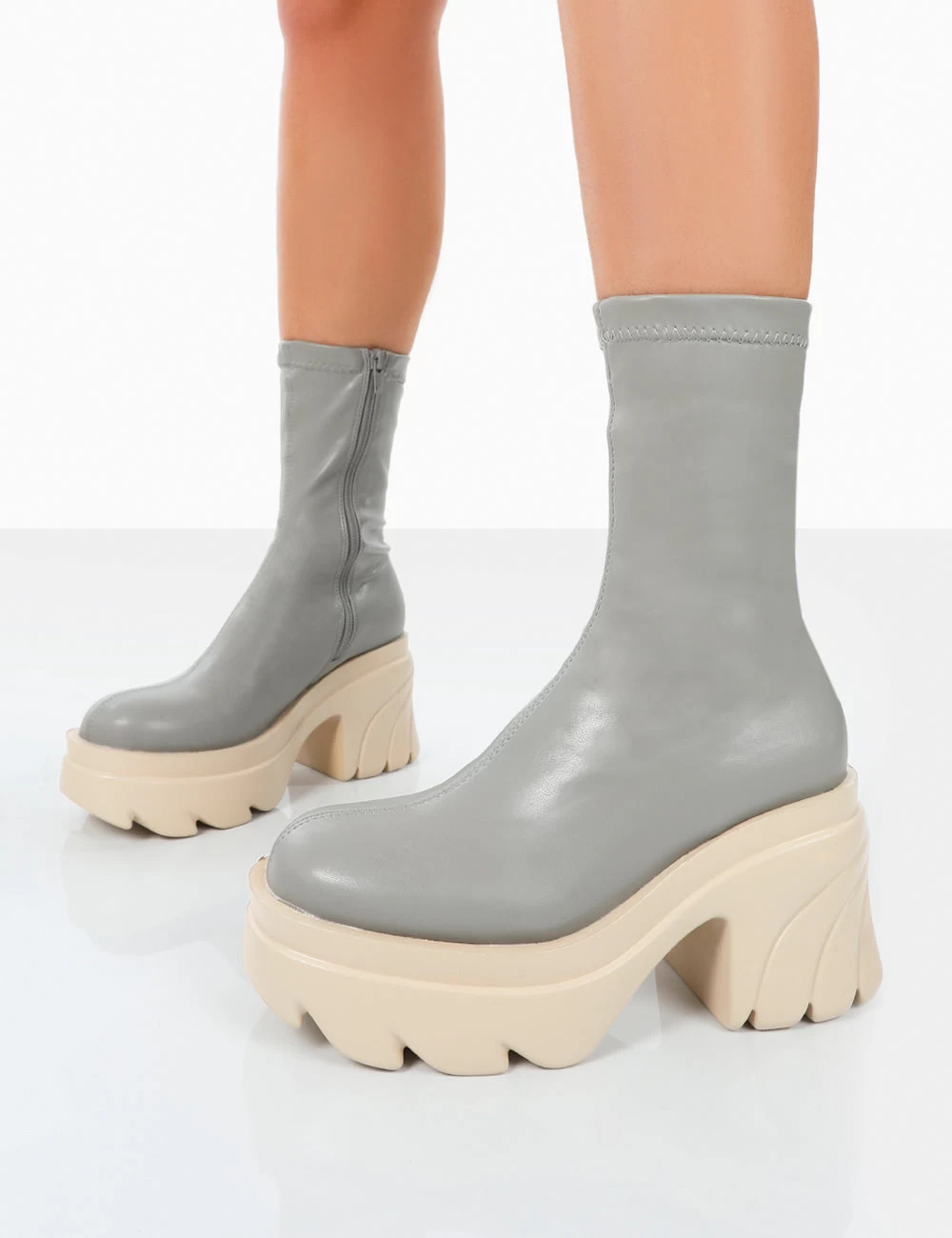 Jennie Grey Pu Platform Chunky Sole Heeled Ankle Boots 3 Jennie Grey Pu Platform Chunky Sole Heeled Ankle Boots - Image 3
