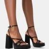 Fate Black Satin Strappy Wrap Around The Ankle Platfrom Block Heels