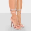 Lacey Pink Patent Square Toe Strappy Lace Up Stiletto Heels