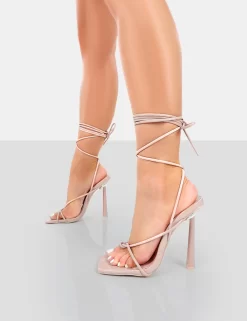 Lacey Pink Patent Square Toe Strappy Lace Up Stiletto Heels -Chic Step Shop 771A4543