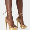 Muse Gold Metallic PU Strappy Lace Up Platform Pointed Toe Stiletto Heels