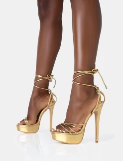 Muse Gold Metallic PU Strappy Lace Up Platform Pointed Toe Stiletto Heels -Chic Step Shop 771A4677 scaled