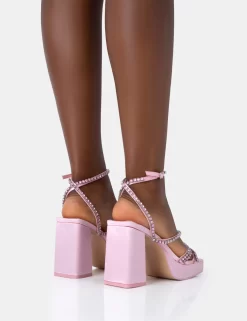 Playout Pink Satin Diamante Strappy Platform Square Toe Mid Block Heels -Chic Step Shop 771A4684 scaled
