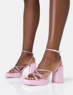 Playout Pink Satin Diamante Strappy Platform Square Toe Mid Block Heels -Chic Step Shop 771A4685 scaled