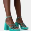 Playout Turquoise Satin Diamante Strappy Platform Square Toe Mid Block Heels