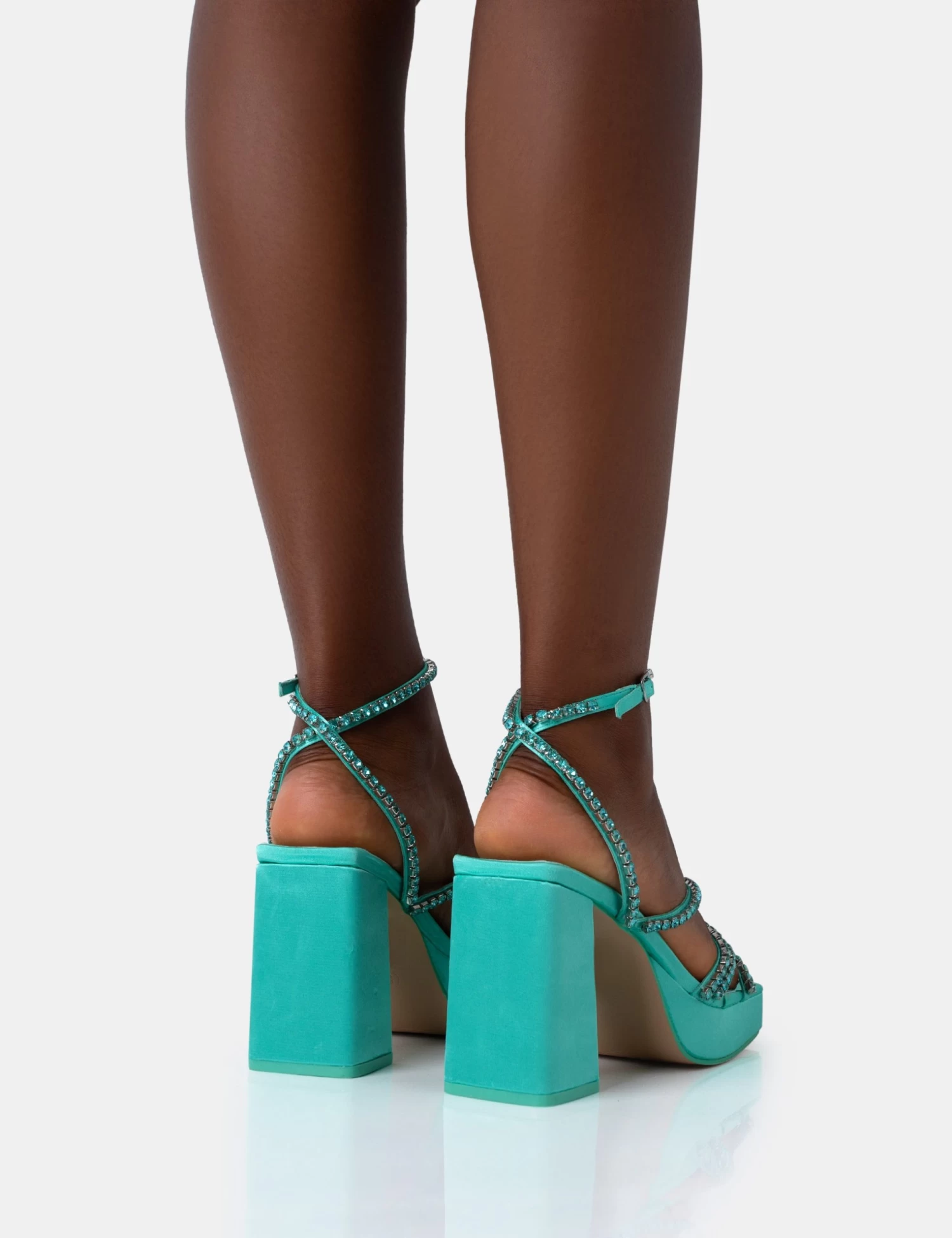 Playout Turquoise Satin Diamante Strappy Platform Square Toe Mid Block Heels 4 Playout Turquoise Satin Diamante Strappy Platform Square Toe Mid Block Heels - Image 4