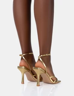 Mademoiselle Gold PU Strappy Square Toe Mid Stiletto Heels -Chic Step Shop 771A4941 scaled