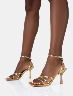 Mademoiselle Gold PU Strappy Square Toe Mid Stiletto Heels -Chic Step Shop 771A4943 scaled