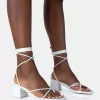 Aerin White PU Lace Up Strappy Square Toe Block Mid Heels