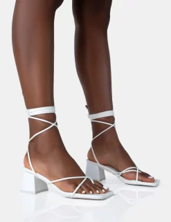 Aerin White PU Lace Up Strappy Square Toe Block Mid Heels