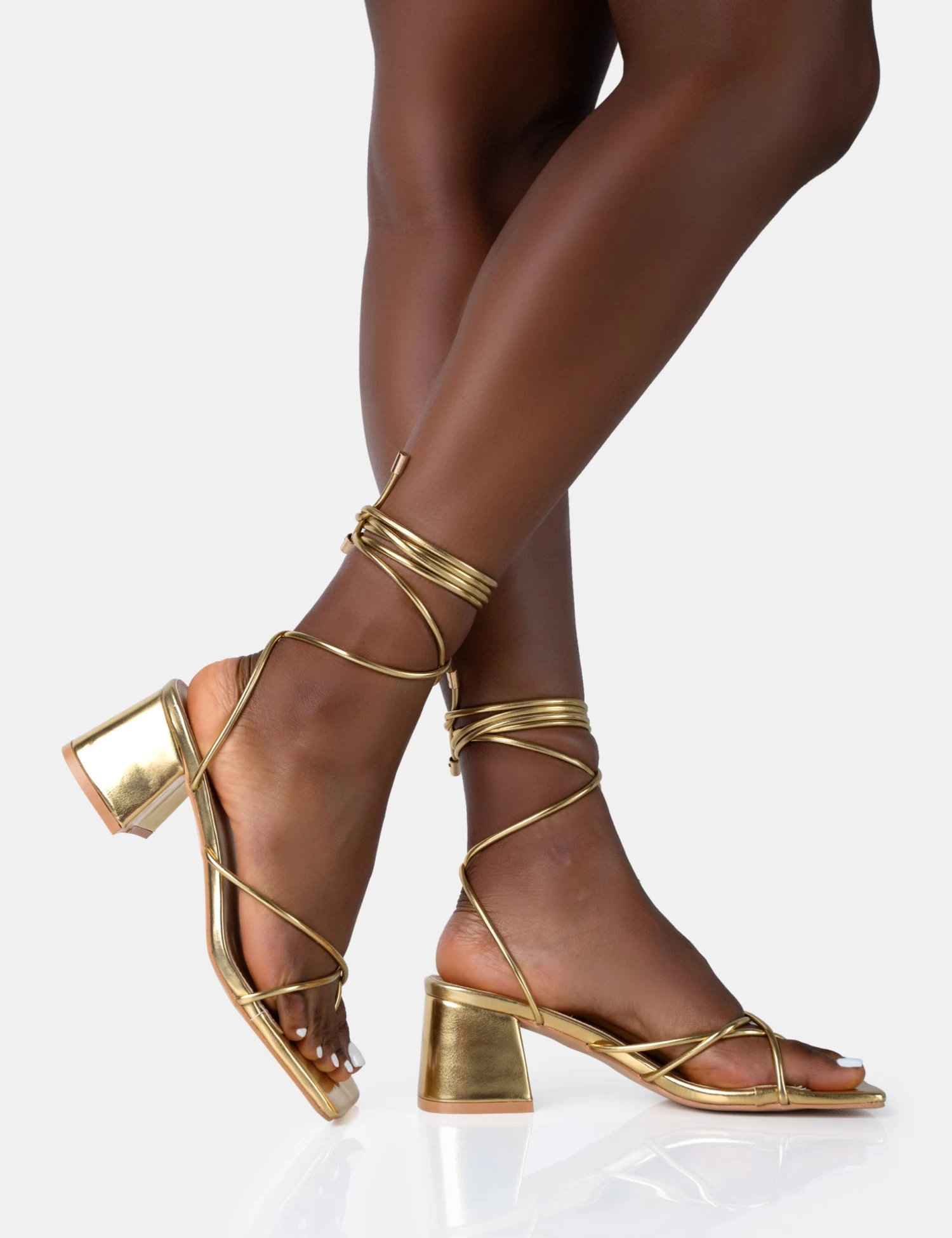 Aerin Gold Pu Lace Up Strappy Square Toe Block Mid Heels 2 Aerin Gold Pu Lace Up Strappy Square Toe Block Mid Heels - Image 2
