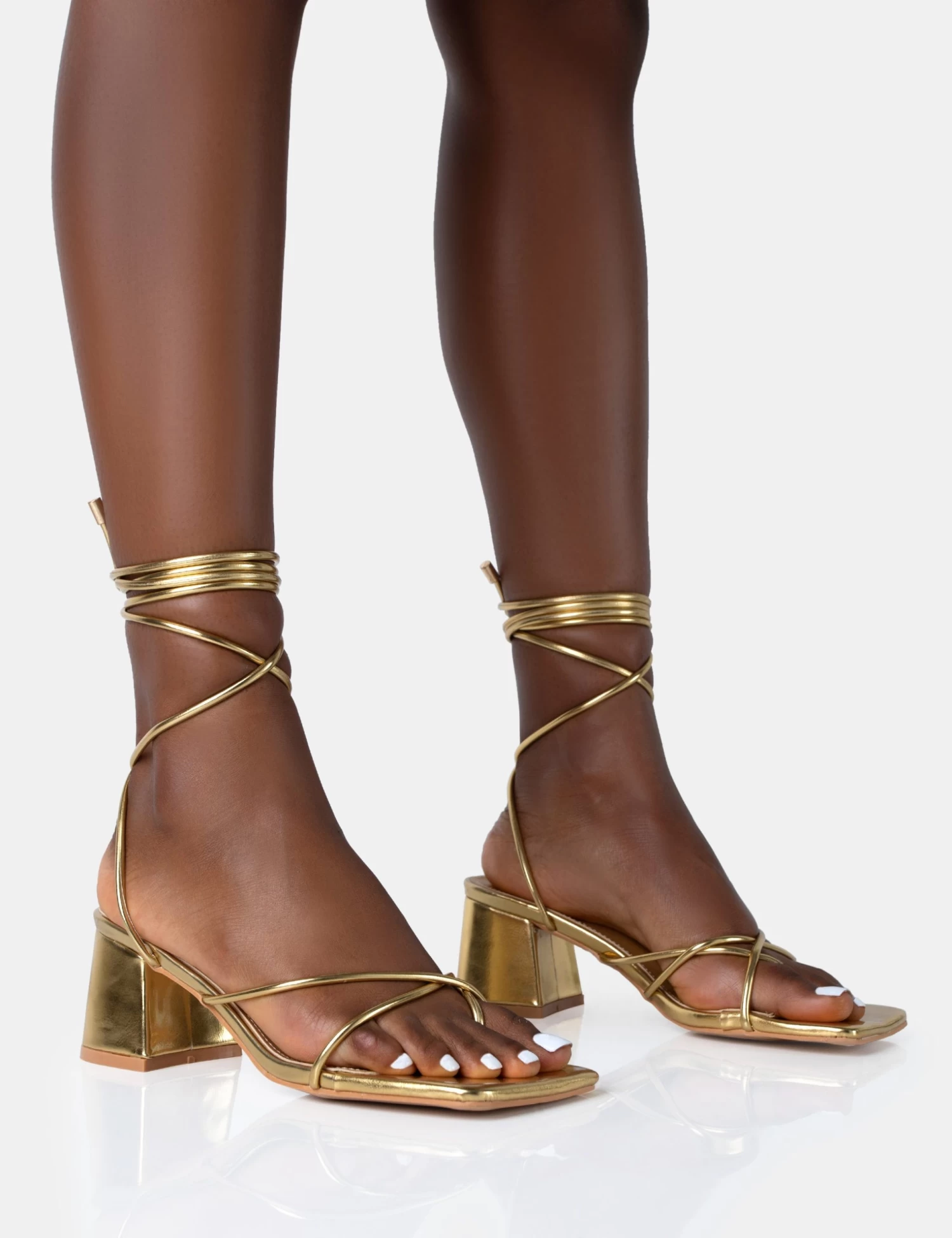 Aerin Gold Pu Lace Up Strappy Square Toe Block Mid Heels 1 Aerin Gold Pu Lace Up Strappy Square Toe Block Mid Heels