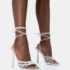 Glow Up White PU Knotted Strappy Lace Up Square Toe Stiletto Heels
