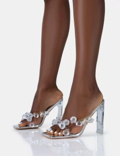 Mysterine Silver Pu Perspex Jewel Square Toe Block Stiletto Heels -Chic Step Shop 771A4991 scaled