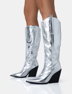 Navada Silver Metallic Western Cowboy Pointed Toe Block Heel Knee High Boots 6 Navada Silver Metallic Western Cowboy Pointed Toe Block Heel Knee High Boots -Chic Step Shop 771A5033 scaled