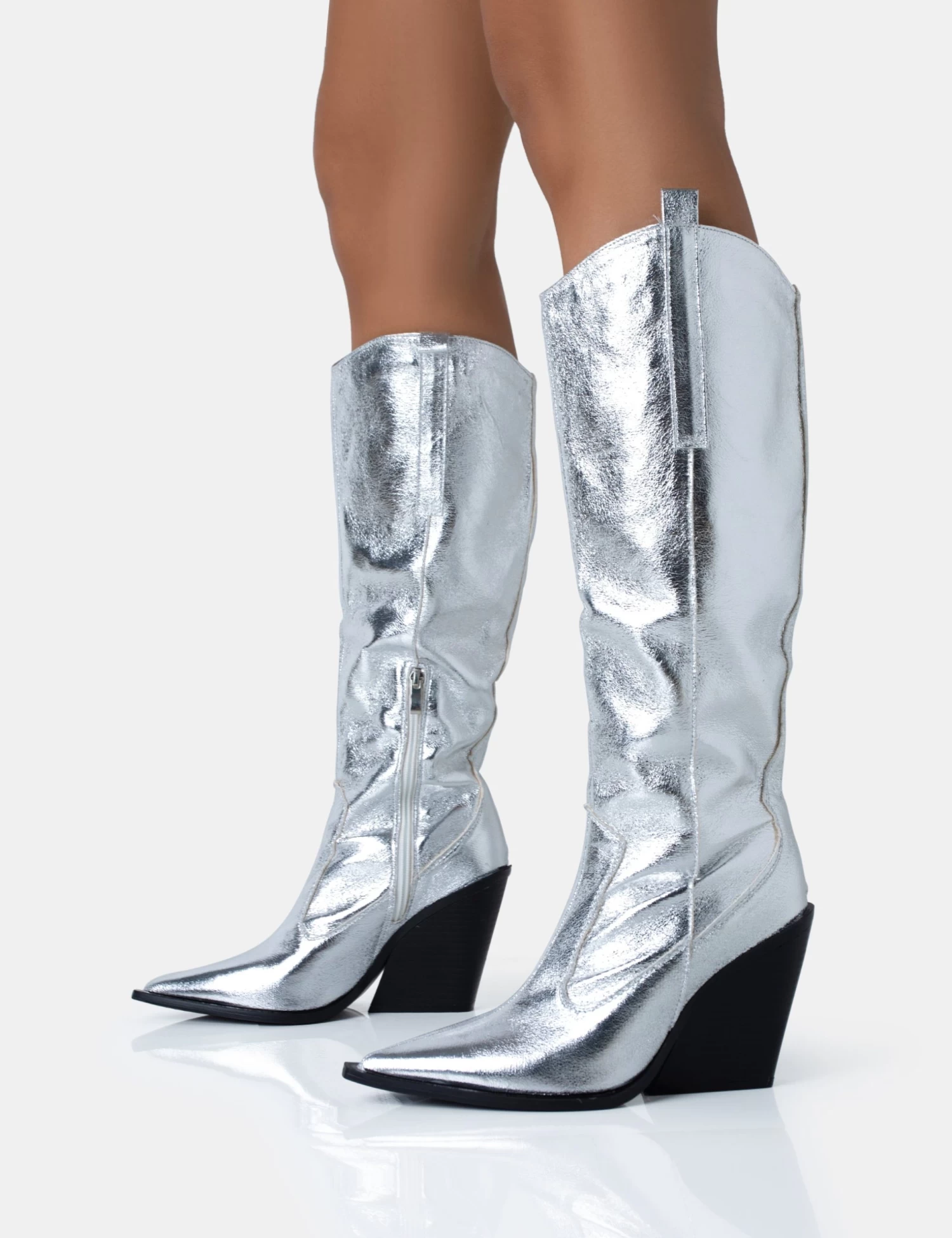 Navada Silver Metallic Western Cowboy Pointed Toe Block Heel Knee High Boots 3 Navada Silver Metallic Western Cowboy Pointed Toe Block Heel Knee High Boots - Image 3