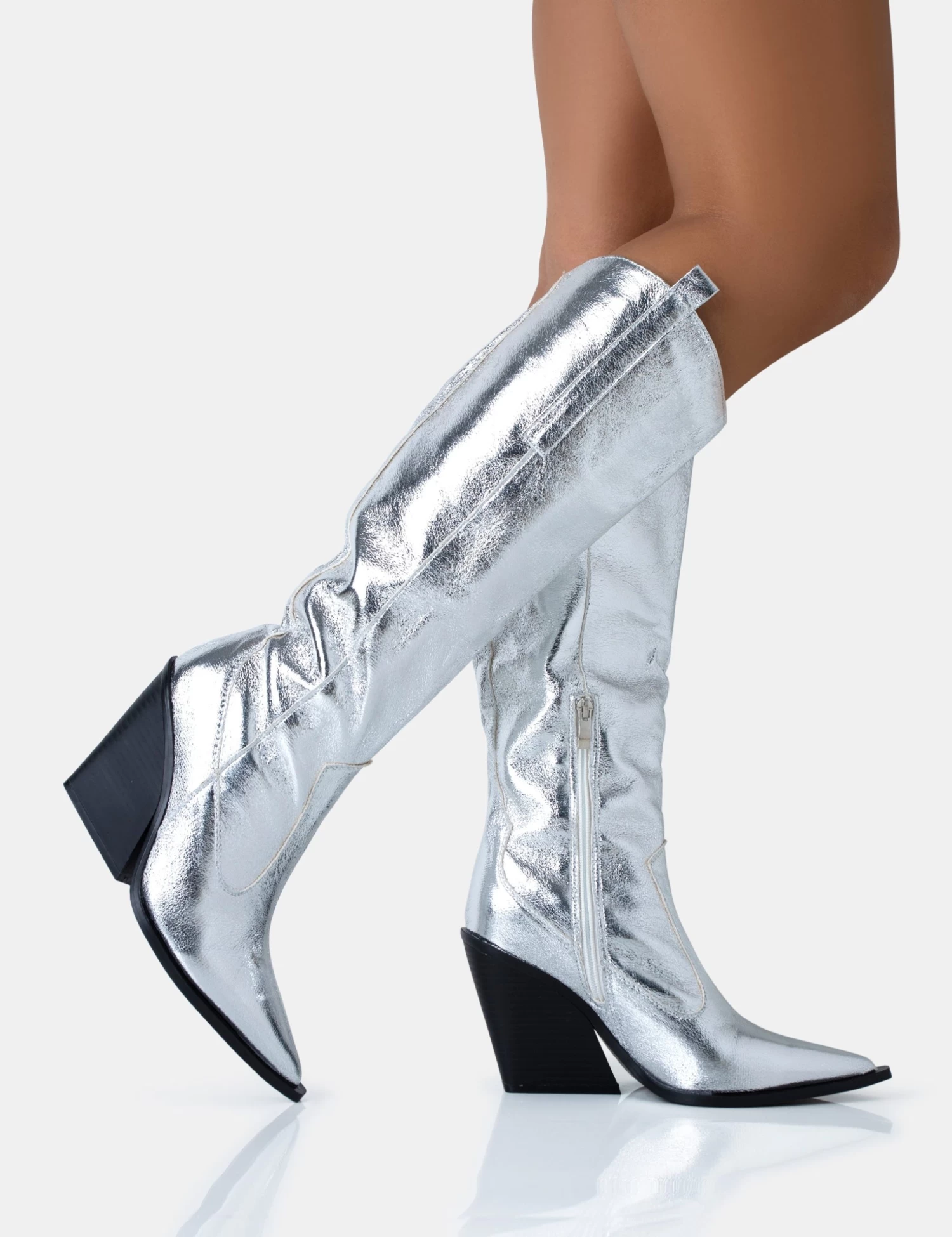 Navada Silver Metallic Western Cowboy Pointed Toe Block Heel Knee High Boots 2 Navada Silver Metallic Western Cowboy Pointed Toe Block Heel Knee High Boots - Image 2