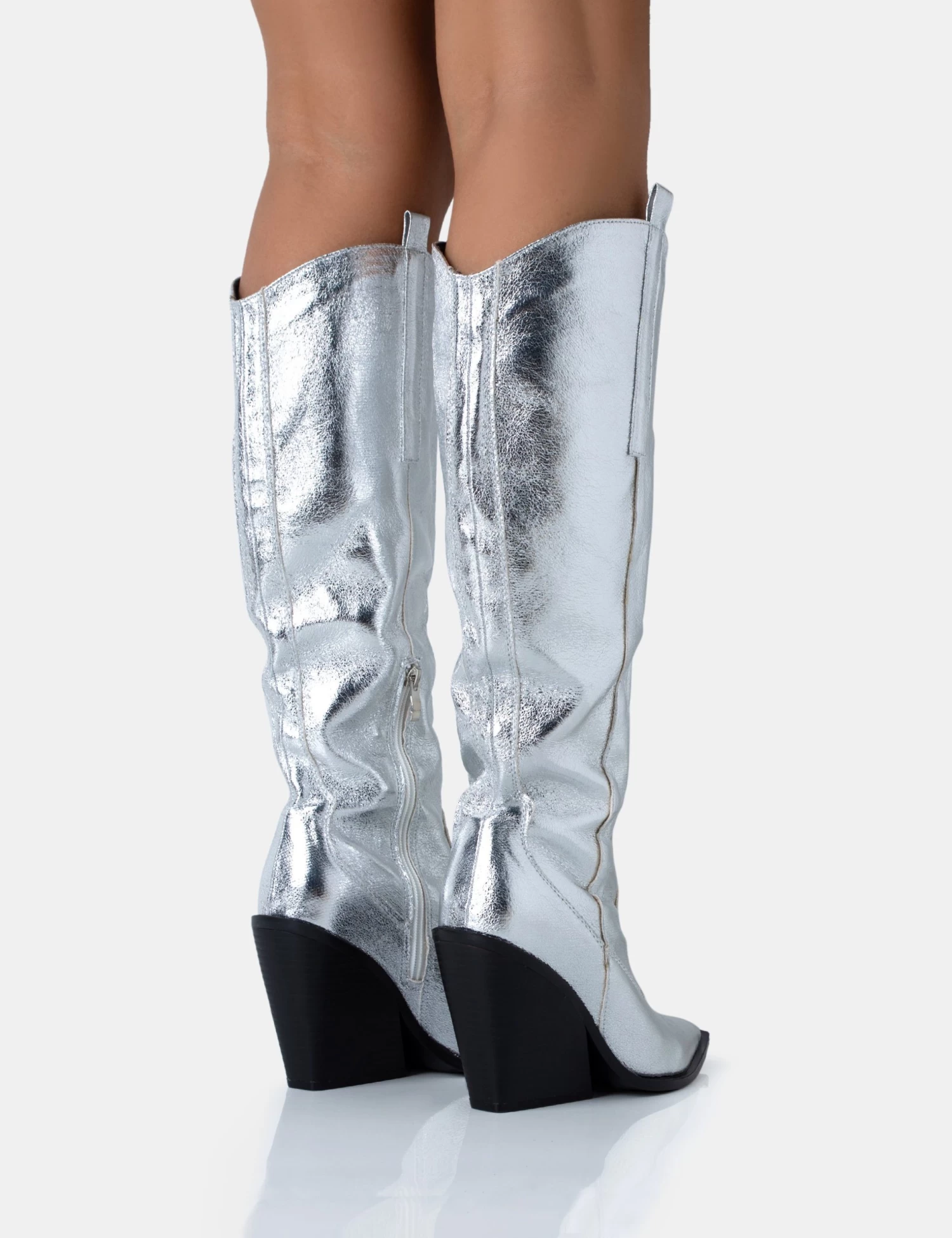 Navada Silver Metallic Western Cowboy Pointed Toe Block Heel Knee High Boots 4 Navada Silver Metallic Western Cowboy Pointed Toe Block Heel Knee High Boots - Image 4