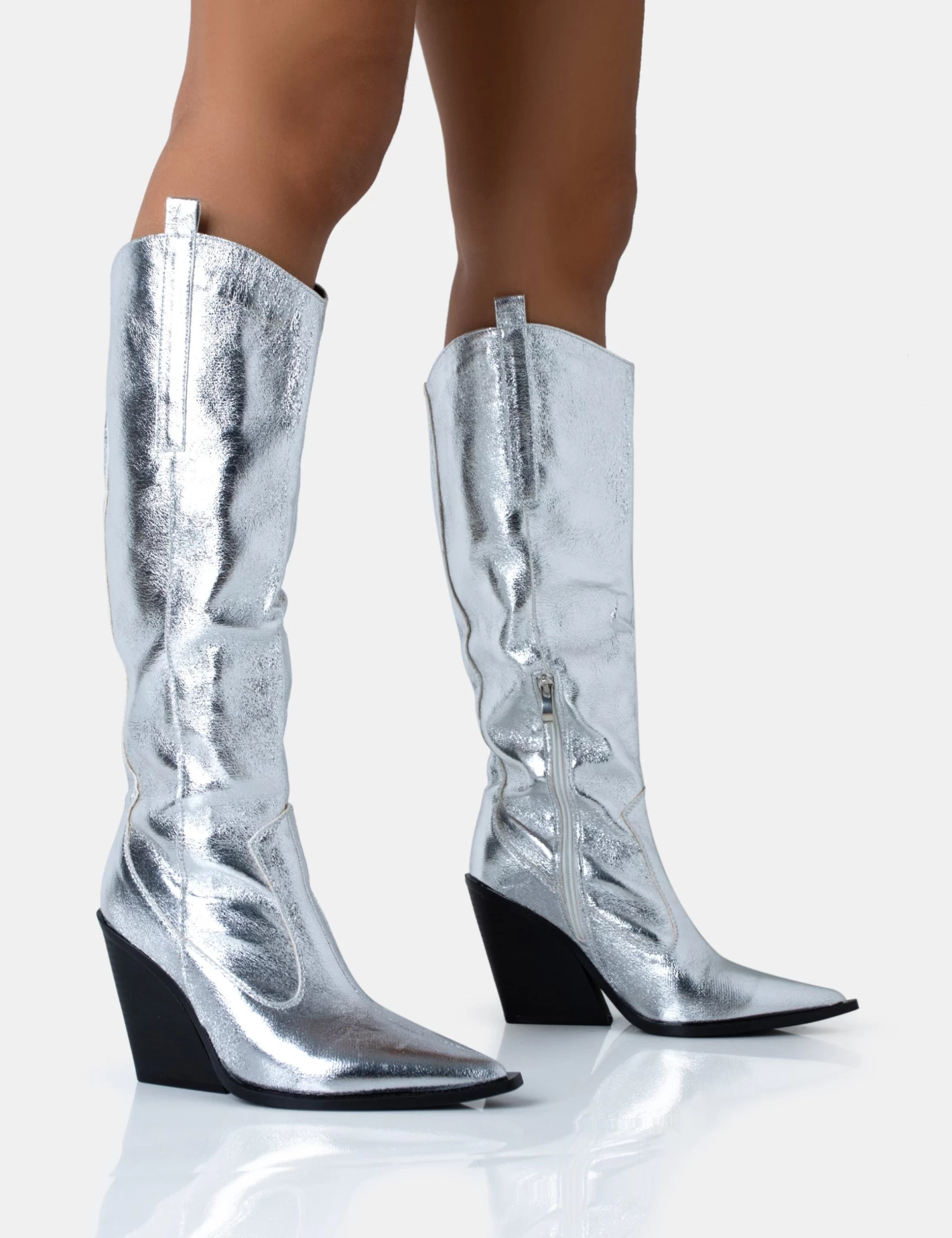 Navada Silver Metallic Western Cowboy Pointed Toe Block Heel Knee High Boots 1 Navada Silver Metallic Western Cowboy Pointed Toe Block Heel Knee High Boots