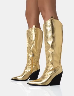 Navada Gold Metallic Western Cowboy Pointed Toe Block Heel Knee High Boots -Chic Step Shop 771A5037 scaled