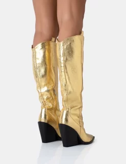 Navada Gold Metallic Western Cowboy Pointed Toe Block Heel Knee High Boots -Chic Step Shop 771A5039 scaled