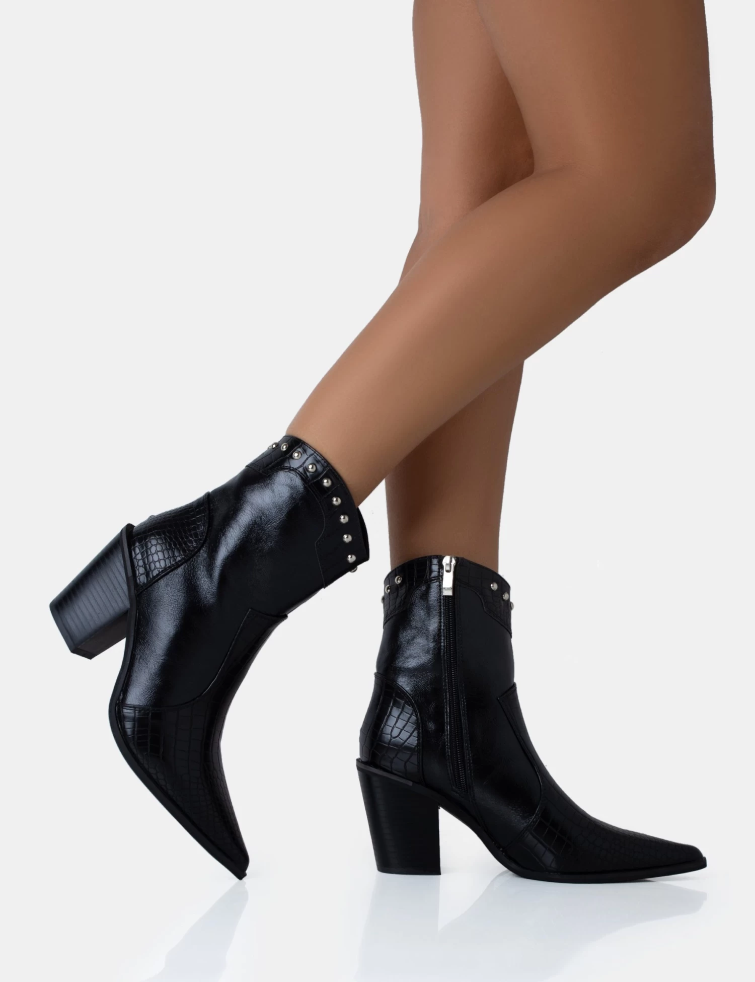 Riley Black Croc Metal Studded Detail Pointed Toe Western Cowboy Block Ankle Boots 2 Riley Black Croc Metal Studded Detail Pointed Toe Western Cowboy Block Ankle Boots - Image 2