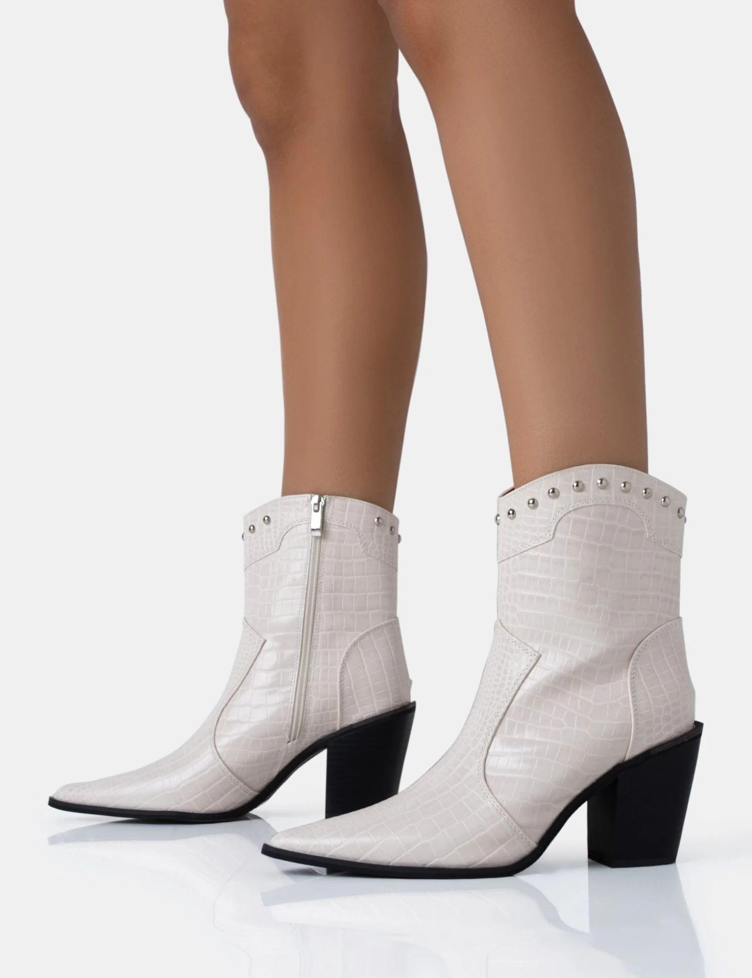 Riley Ecru Croc Metal Studded Detail Pointed Toe Western Cowboy Block Ankle Boots 3 Riley Ecru Croc Metal Studded Detail Pointed Toe Western Cowboy Block Ankle Boots - Image 3