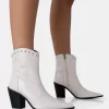 Riley Ecru Croc Metal Studded Detail Pointed Toe Western Cowboy Block Ankle Boots