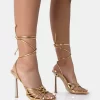 Glow Up Gold PU Knotted Strappy Lace Up Square Toe Stiletto Heels