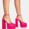 Moonchild Wide Fit Pink Sparkly Diamante Satin Closed Toe Statement Platform Block Heels