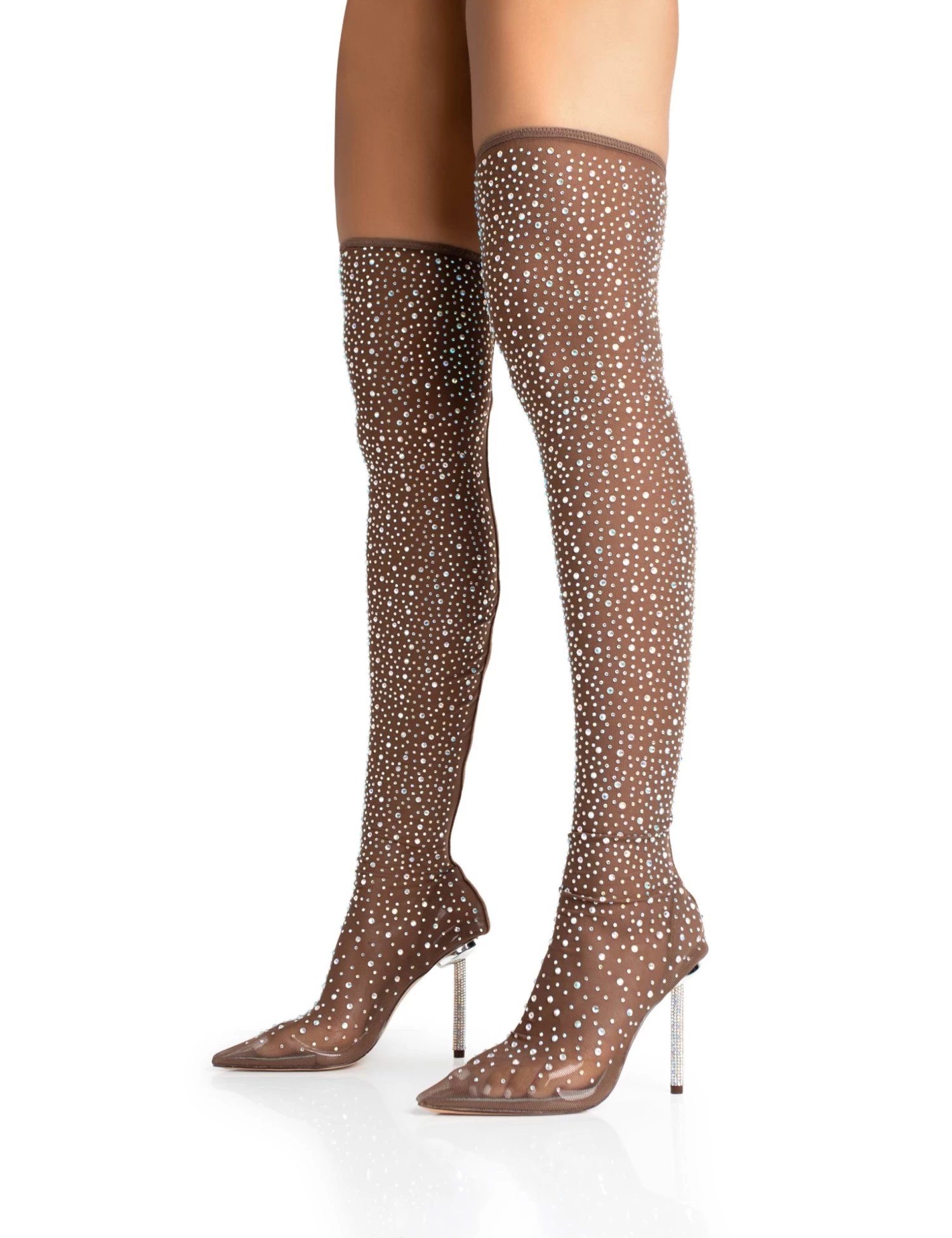 It Girl Chocolate Diamante Holographic Detailed Mesh Pointed Toe Stiletto Sock Boot Heels 3 It Girl Chocolate Diamante Holographic Detailed Mesh Pointed Toe Stiletto Sock Boot Heels - Image 3