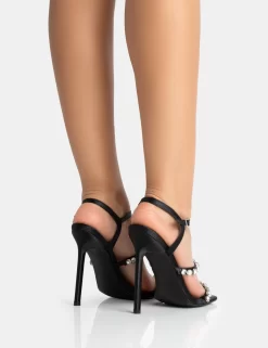 Evia Black Satin Pearl Barely There Square Toe Stiletto Heels -Chic Step Shop 771A5304 scaled