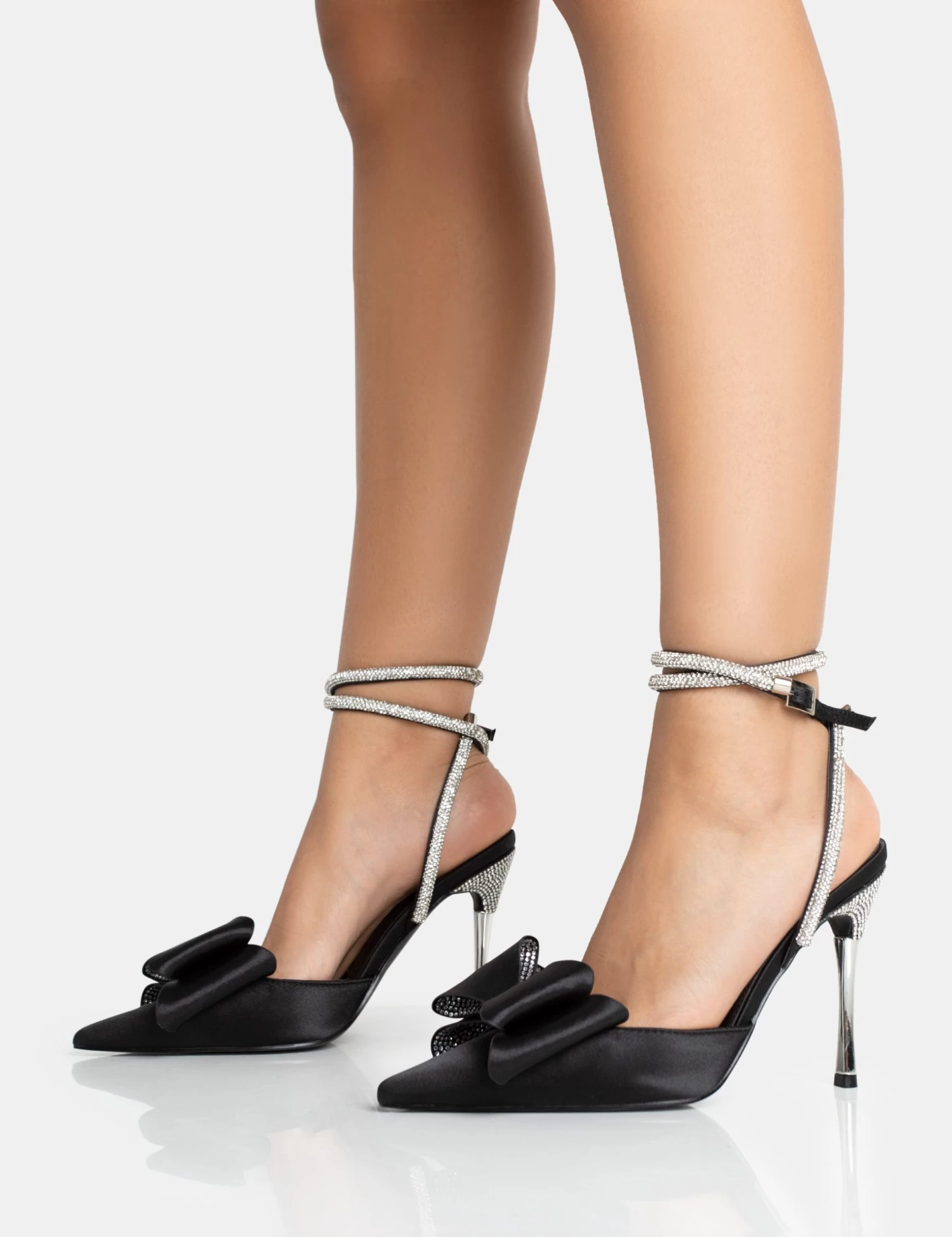 Angelic Black Satin Bow Diamante Wrap Around Pointed Court Stiletto Heel 3 Angelic Black Satin Bow Diamante Wrap Around Pointed Court Stiletto Heel - Image 3