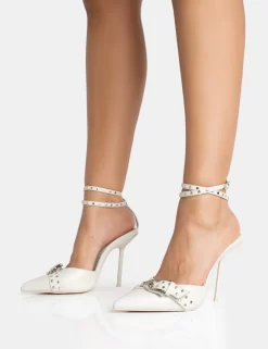 Ozella Light Grey Pu Studded Buckle Wrap Around Pointed Court Stiletto Heel -Chic Step Shop 771A5324 scaled