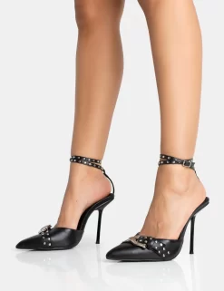 Ozella Black Pu Studded Buckle Wrap Around Pointed Court Stiletto Heel -Chic Step Shop 771A5328 scaled