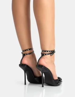 Ozella Black Pu Studded Buckle Wrap Around Pointed Court Stiletto Heel -Chic Step Shop 771A5330 scaled