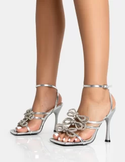 Amelia Silver Mirror Sparkly Diamante Strappy Bow Square Toe Stiletto High Heels -Chic Step Shop 771A5372 scaled