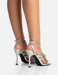 Amelia Silver Mirror Sparkly Diamante Strappy Bow Square Toe Stiletto High Heels -Chic Step Shop 771A5374 scaled