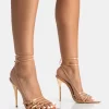 Majesty Nude Patent Buckles Wrap Around Pointed Toe Gold Stiletto Heel
