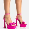 Dreamer Hot Pink Satin Extreme Bow Ankle Strap Platform Square Toe Flared Stiletto Heels