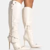Worthy Ecru Croc Studded Zip Detail Pointed Toe Stiletto Knee High Boots