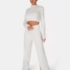 V Front Wide Leg Ribbed Knitted Trousers White