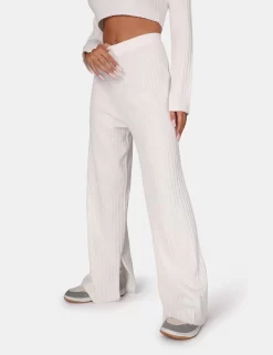 V Front Wide Leg Ribbed Knitted Trousers White -Chic Step Shop 771A5561