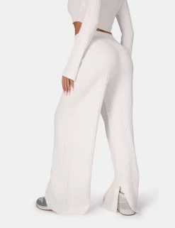 V Front Wide Leg Ribbed Knitted Trousers White -Chic Step Shop 771A5566
