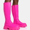 Scorpio Hot Pink Rubberised Pu Rounded Toe Chucky Sole Knee High Boots