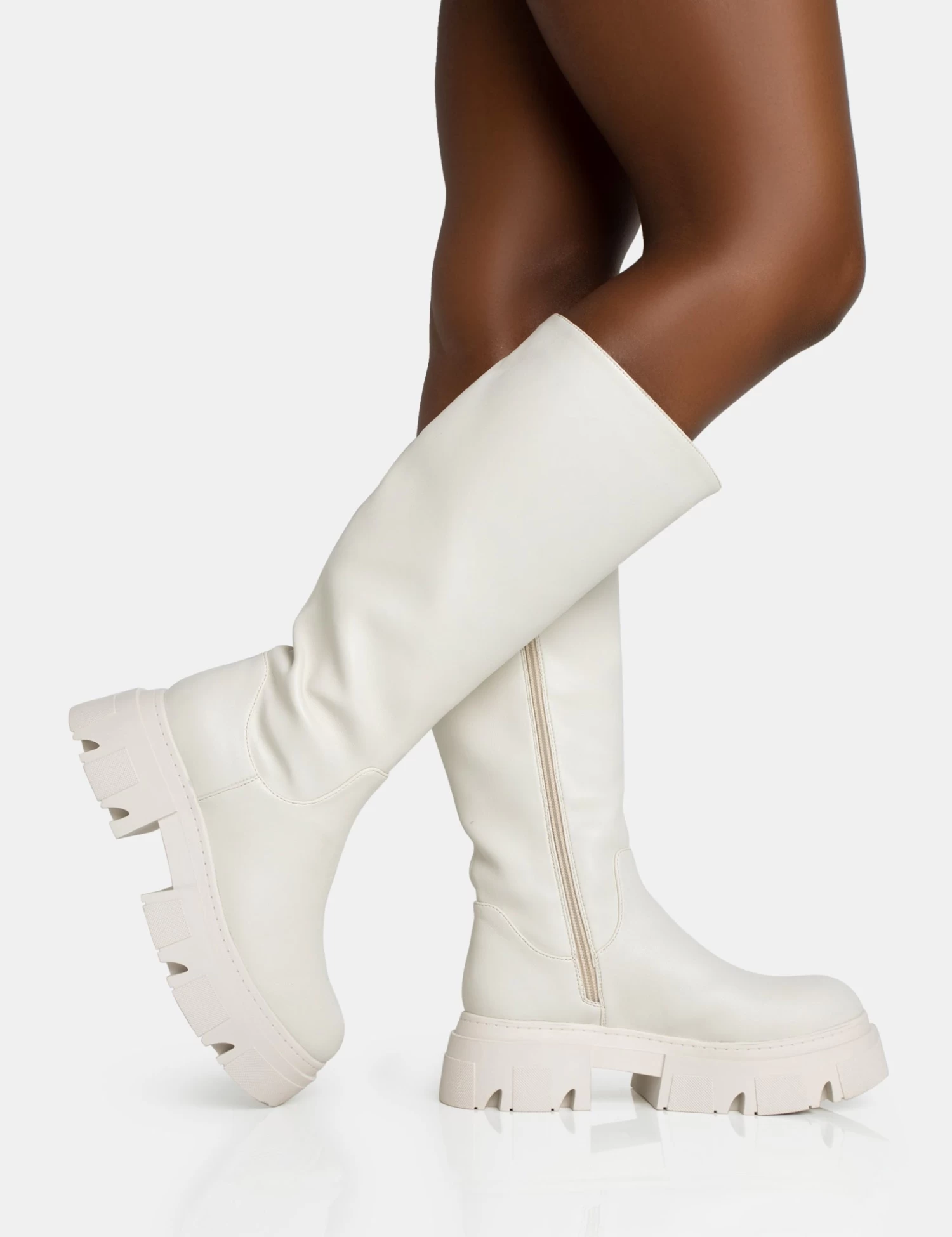 Scorpio Ecru Rubberised Pu Rounded Toe Chucky Sole Knee High Boots 2 Scorpio Ecru Rubberised Pu Rounded Toe Chucky Sole Knee High Boots - Image 2