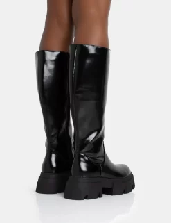Scorpio Black Rubberised Pu Rounded Toe Chucky Sole Knee High Boots -Chic Step Shop 771A5591 scaled