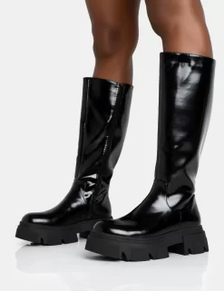 Scorpio Black Rubberised Pu Rounded Toe Chucky Sole Knee High Boots -Chic Step Shop 771A5592 scaled