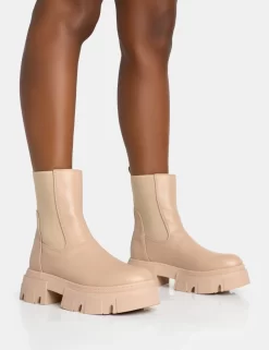 Edgy Taupe Pu Elasticated Ankle Rounded Chunky Sole Ankle Boots