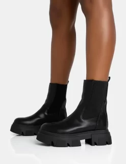 Edgy Black Pu Elasticated Ankle Rounded Chunky Sole Ankle Boots -Chic Step Shop 771A5600 scaled